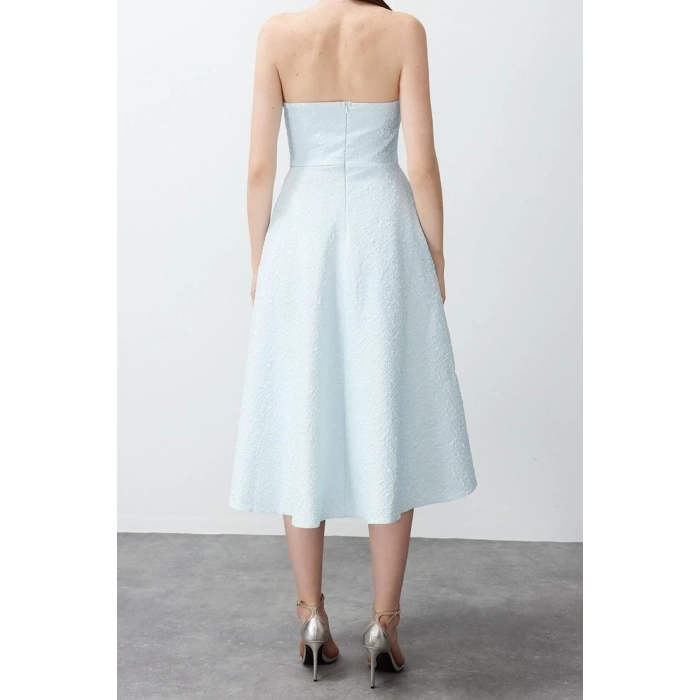 Fashion Fit Graduation Prom Jacquard Woven Strapless Sleeveless Skater Midi Length Dress