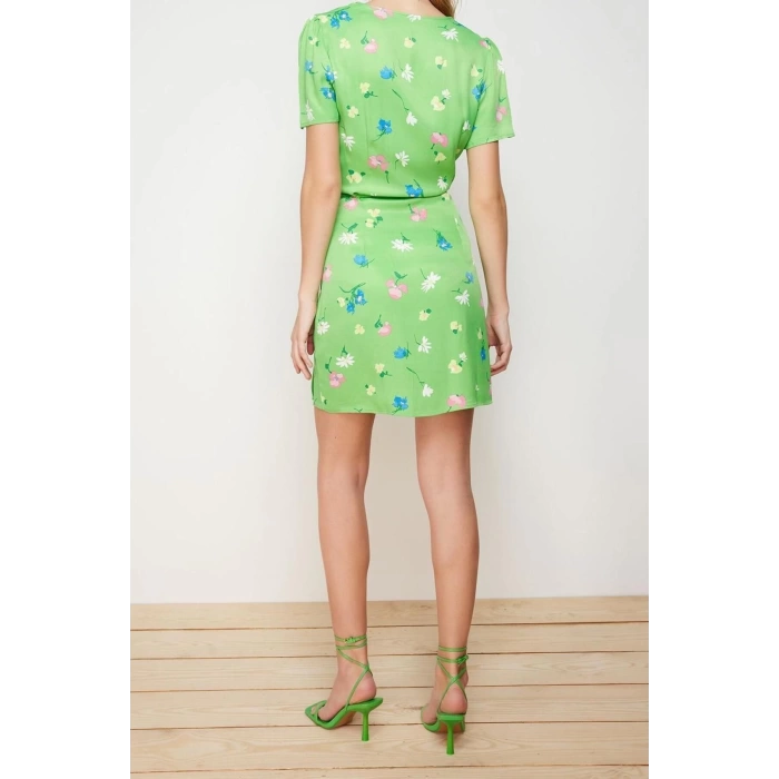 Moda Regular Day Night Satin Woven V Neck Short Sleeve Double Breasted Mini Length Dress