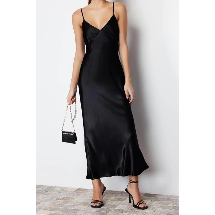 Fashion Fit Graduation Prom Polyamide Woven V Neck Strap Sleeve Shift Midi Length Dress