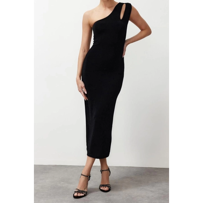 Fashion Slim Day Night Textured Tulle Fabric Knitted Asymmetrical Collar Sleeveless Sleeve Bodycone Midi Length Dress