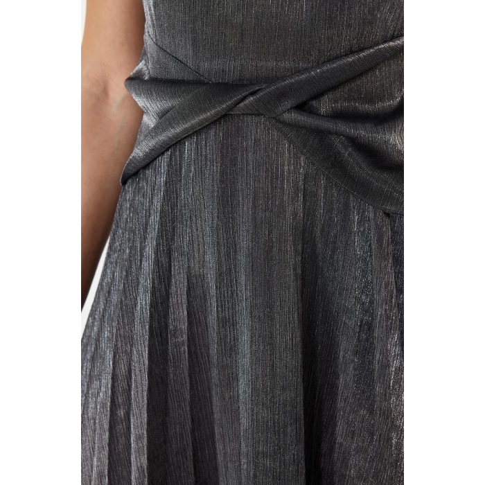 Fashion Fit Graduation Prom Metallic Fabric Woven Strapless Sleeveless Sleeve Skater Midi Length Dress