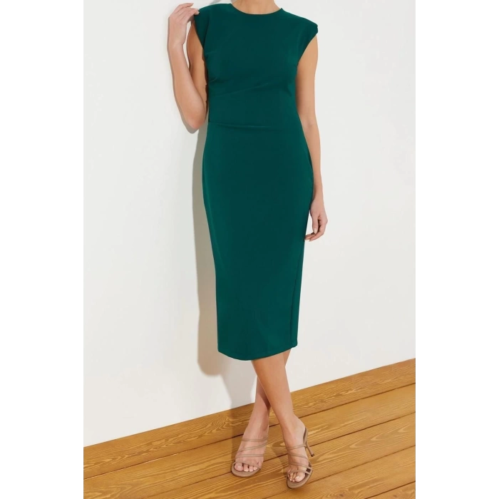 Moda Regular Business Finike Woven Crew Neck Short Sleeve Bodycon Midi Length Dress