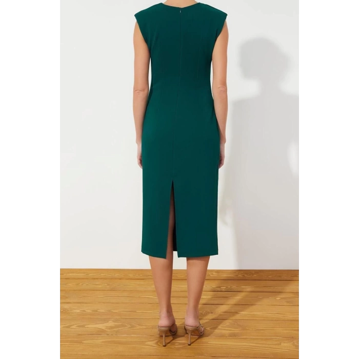 Moda Regular Business Finike Woven Crew Neck Short Sleeve Bodycon Midi Length Dress