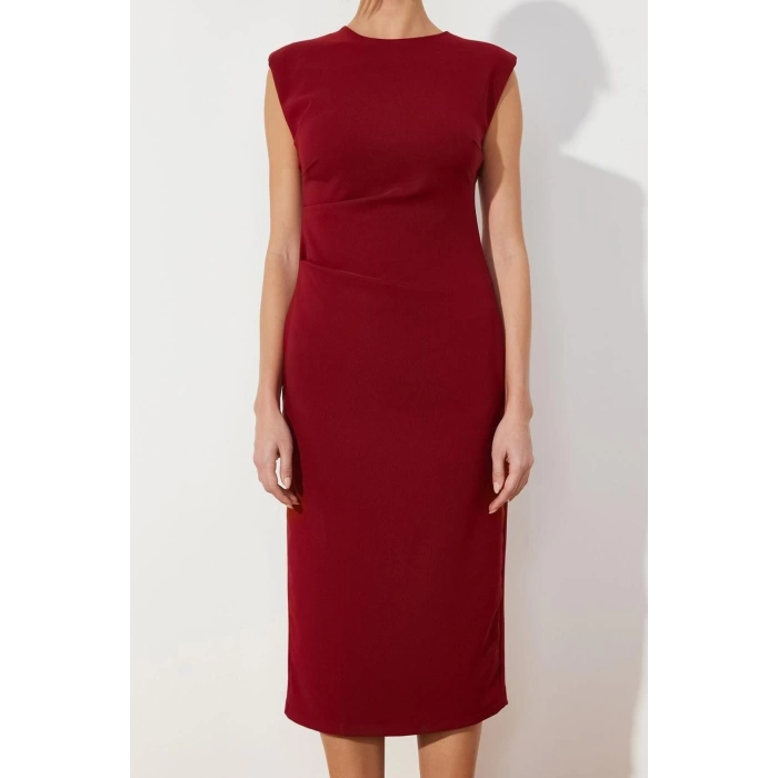 Moda Regular Business Finike Woven Crew Neck Short Sleeve Bodycon Midi Length Dress