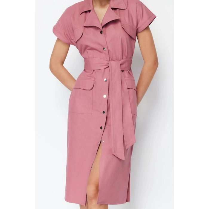 Fashion Regular Casual Daily Gabardine Woven Shirt Collar Short Sleeve Shirt Dress Midi Length Dress