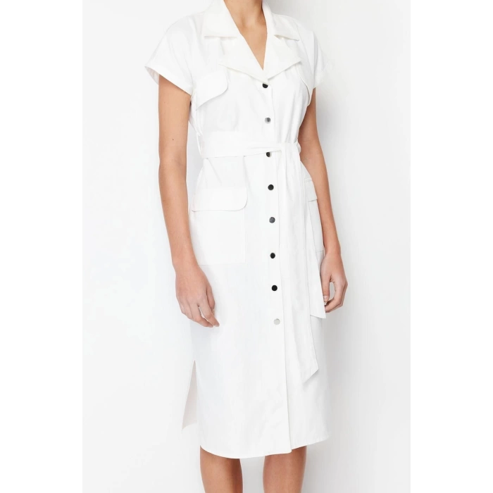Fashion Regular Casual Daily Gabardine Woven Shirt Collar Short Sleeve Shirt Dress Midi Length Dress