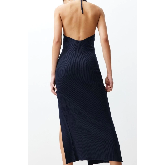 Fashion Slim Day Night Ribbed Knitwear Halter Neck Sleeveless A-Line Maxi Length Dress