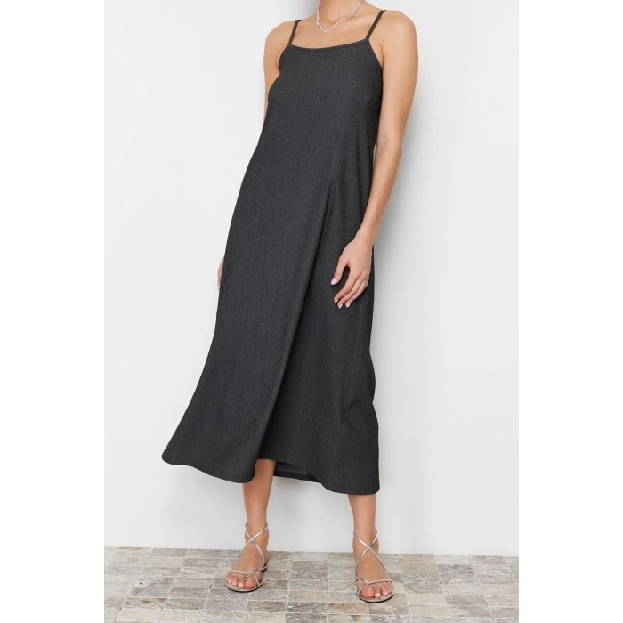 Fashion Regular Casual Daily Crepe Knit Square Neck Strappy Sleeve A-Line Midi Length Dress