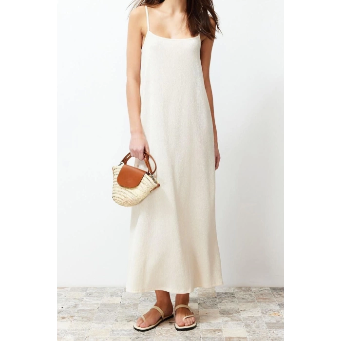 Fashion Regular Casual Daily Crepe Knit Square Neck Strappy Sleeve A-Line Midi Length Dress