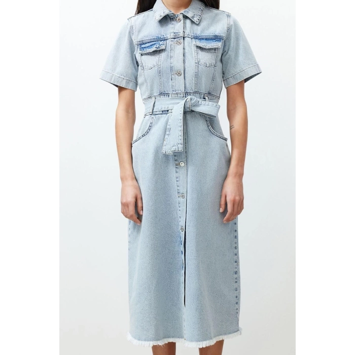 Fashion Fit Casual Daily Rigid Denim Shirt Collar Short Sleeve Basic Maxi Length Dress