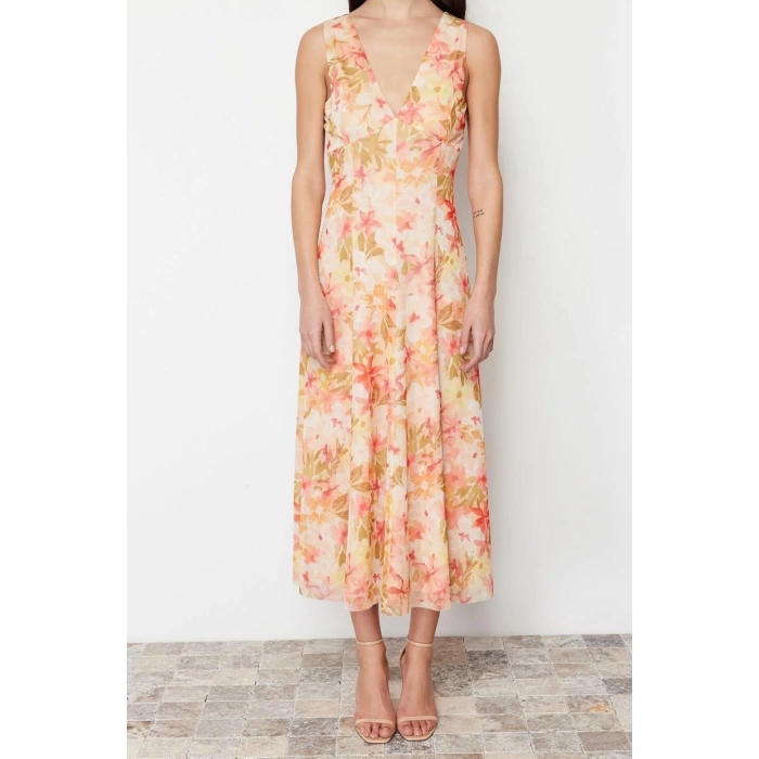 Fashion Regular Day Night Tulle Knitted V Neck Sleeveless Sleeve A-Line Maxi Length Dress
