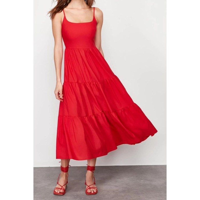 Fashion Regular Casual Daily Terrycotton Woven Square Neck Strappy Sleeve Skater Maxi Length Dress