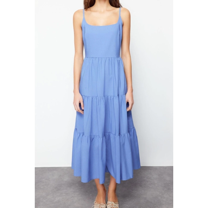 Fashion Regular Casual Daily Terrycotton Woven Square Neck Strappy Sleeve Skater Maxi Length Dress
