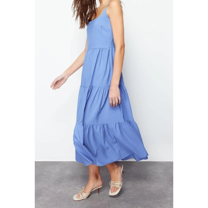 Fashion Regular Casual Daily Terrycotton Woven Square Neck Strappy Sleeve Skater Maxi Length Dress