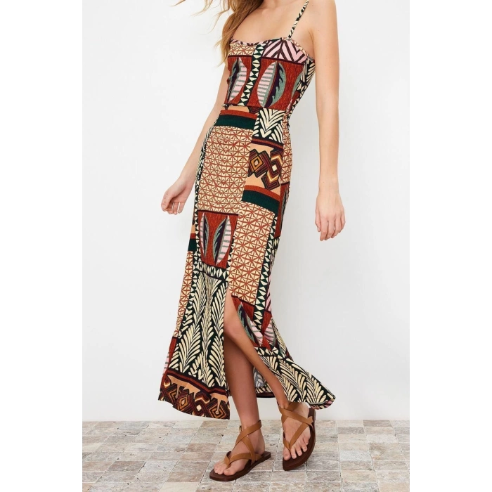 Fashion Regular Casual Daily Crepe Knit Square Neck Strappy Sleeve Shift Midi Length Dress