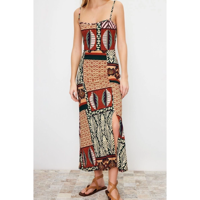 Fashion Regular Casual Daily Crepe Knit Square Neck Strappy Sleeve Shift Midi Length Dress