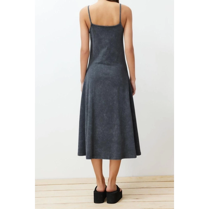 Fashion Comfortable Casual Daily 20 1 Combed Cotton Jersey Knit Square Neck Strappy Sleeve A-Line Midi Length Dress