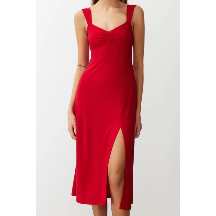 Fashion Regular Casual Daily Thick Sandy Knitted Heart Neck Strappy Sleeve A-Line Midi Length Dress