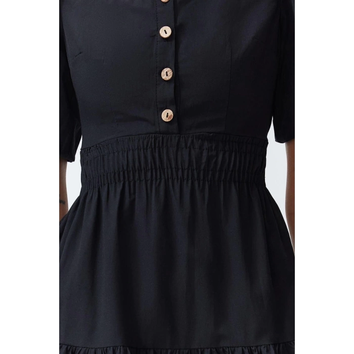 Fashion Regular Casual Daily Terrycotton Woven Square Neck Short Sleeve Skater Maxi Length Dress