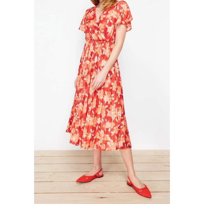 Moda Regular Casual Günlük Polyester Kaşkorse Örme Kruvaze Kısa Kol A-Line Midi Boy Elbise