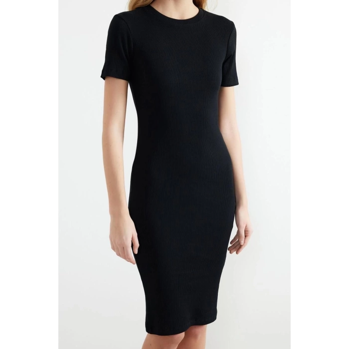 Fashion Slim Casual Daily Regenerated Camisole Knitted Crew Neck Short Sleeve Bodycone Midi Length Dress