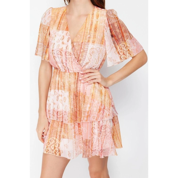 Fashion Regular Day Night Chiffon Woven Double Breasted Short Sleeve Skater Mini Length Dress