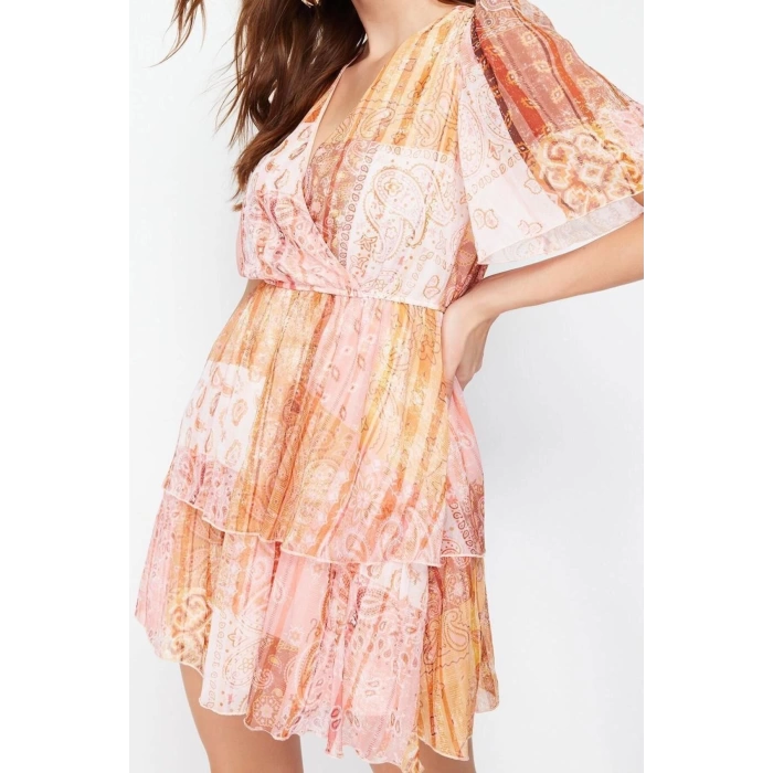Fashion Regular Day Night Chiffon Woven Double Breasted Short Sleeve Skater Mini Length Dress