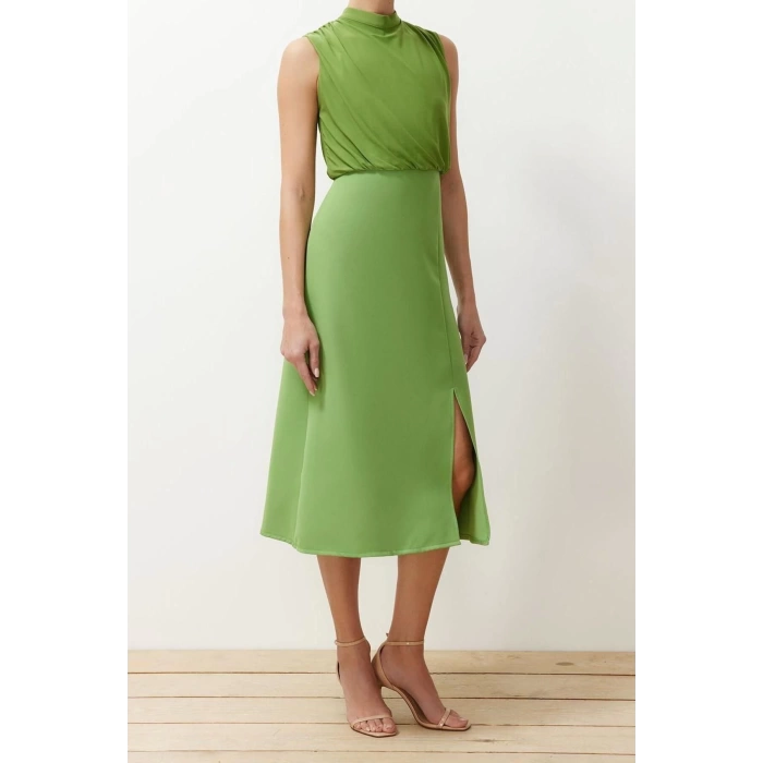 Fashion Regular Day Night Finike Woven Cowl Collar Sleeveless Sleeve A-Line Midi Length Dress