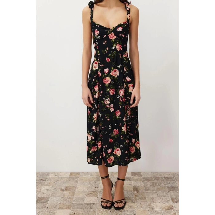 Fashion Regular Casual Daily Shally Woven Heart Neck Strappy Sleeve A-Line Midi Length Dress