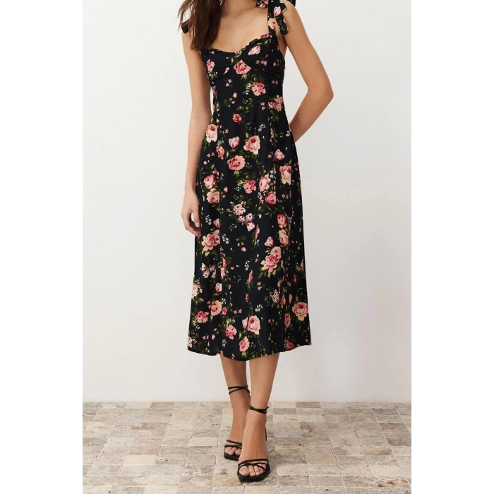 Fashion Regular Casual Daily Shally Woven Heart Neck Strappy Sleeve A-Line Midi Length Dress