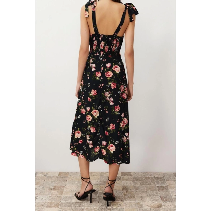 Fashion Regular Casual Daily Shally Woven Heart Neck Strappy Sleeve A-Line Midi Length Dress