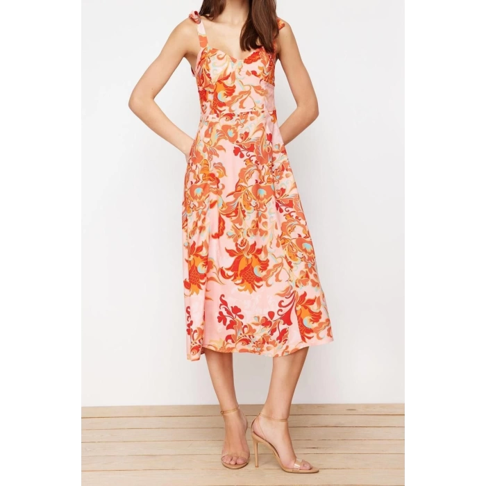 Fashion Regular Casual Daily Shally Woven Heart Neck Strappy Sleeve A-Line Midi Length Dress