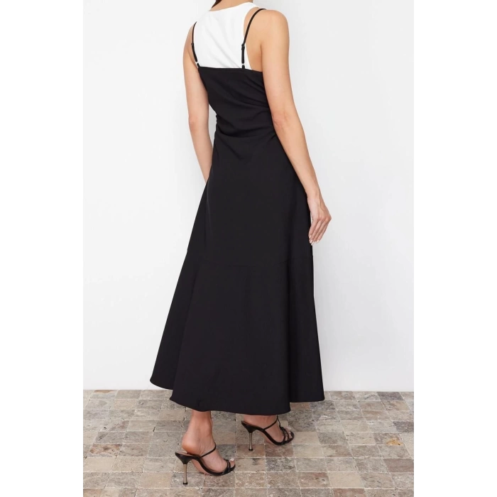 Fashion Regular Casual Daily Finike Woven Square Collar Strappy Sleeve Bodycone Midi Length Dress