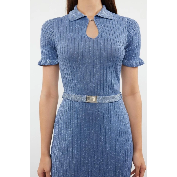 Moda Regular Şık Abiye Gece Fitilli Triko Polo Yaka Kısa Kol Shift Midi Boy Elbise