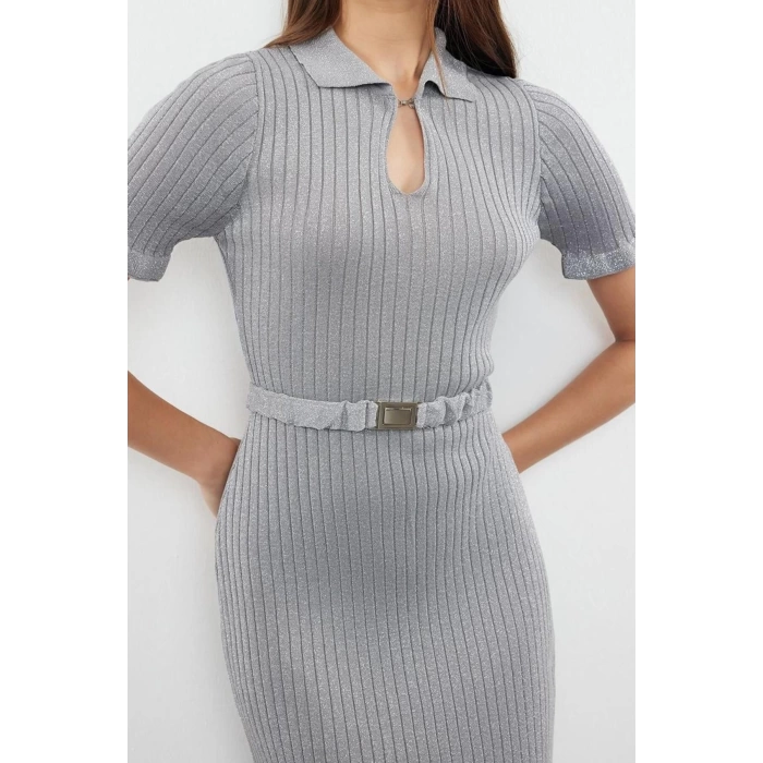 Moda Regular Şık Abiye Gece Fitilli Triko Polo Yaka Kısa Kol Shift Midi Boy Elbise
