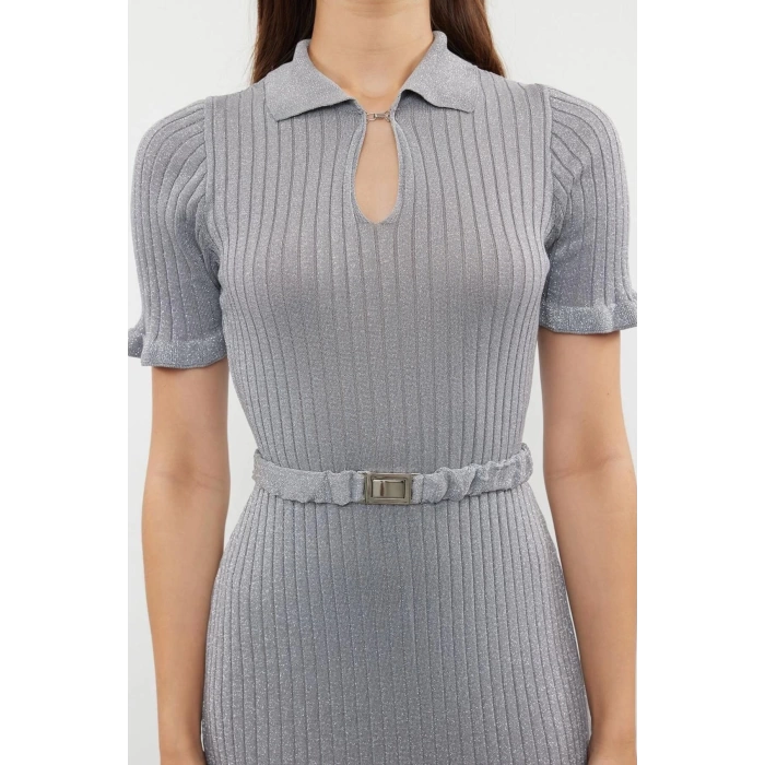 Moda Regular Şık Abiye Gece Fitilli Triko Polo Yaka Kısa Kol Shift Midi Boy Elbise