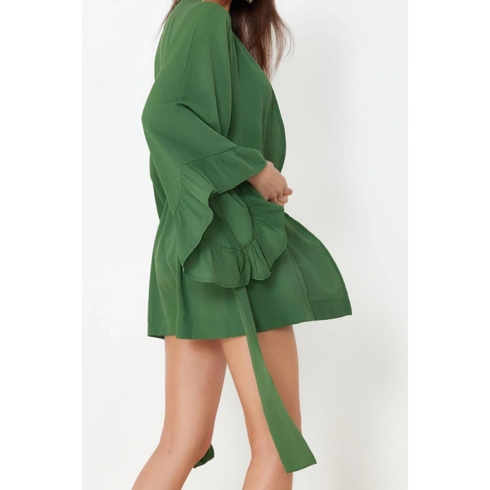 Moda Dokuma Rahat Kalıp Uzun V Yaka Standart Kol Crinkle Basic Düz Desen Kimono Kaftan