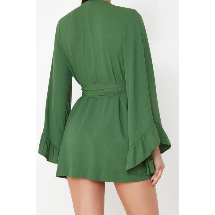 Moda Dokuma Rahat Kalıp Uzun V Yaka Standart Kol Crinkle Basic Düz Desen Kimono Kaftan