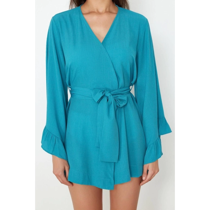 Moda Dokuma Rahat Kalıp Uzun V Yaka Standart Kol Crinkle Basic Düz Desen Kimono Kaftan