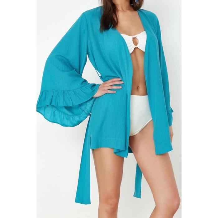 Moda Dokuma Rahat Kalıp Uzun V Yaka Standart Kol Crinkle Basic Düz Desen Kimono Kaftan