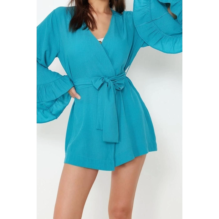 Moda Dokuma Rahat Kalıp Uzun V Yaka Standart Kol Crinkle Basic Düz Desen Kimono Kaftan