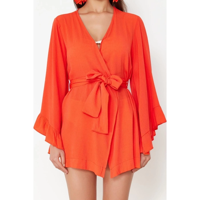 Moda Dokuma Rahat Kalıp Uzun V Yaka Standart Kol Crinkle Basic Düz Desen Kimono Kaftan