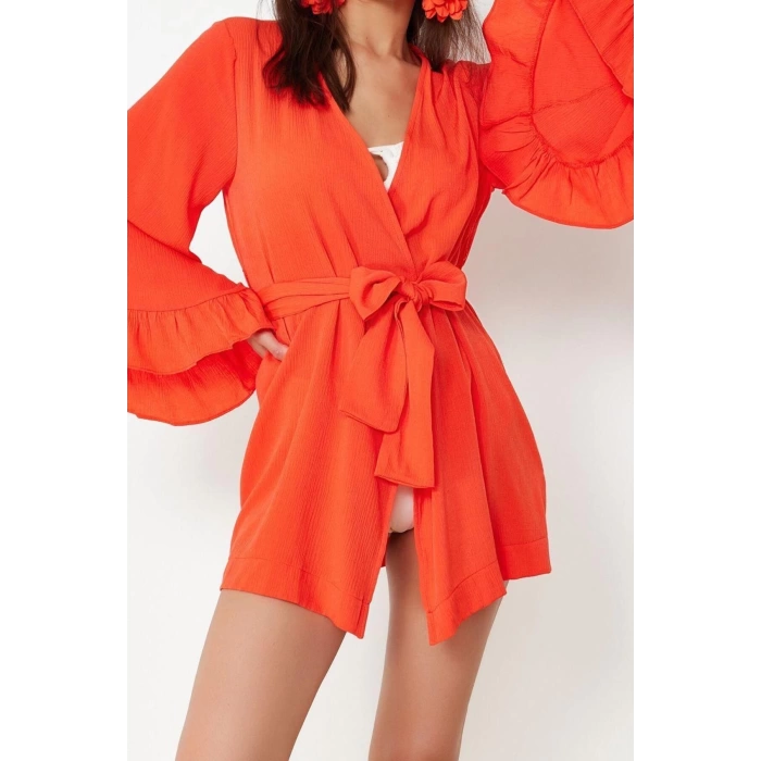 Moda Dokuma Rahat Kalıp Uzun V Yaka Standart Kol Crinkle Basic Düz Desen Kimono Kaftan