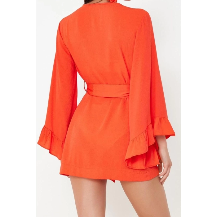 Moda Dokuma Rahat Kalıp Uzun V Yaka Standart Kol Crinkle Basic Düz Desen Kimono Kaftan