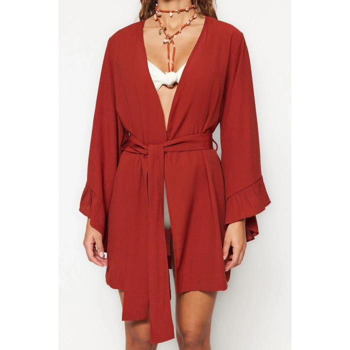 Moda Dokuma Rahat Kalıp Uzun V Yaka Standart Kol Crinkle Basic Düz Desen Kimono Kaftan