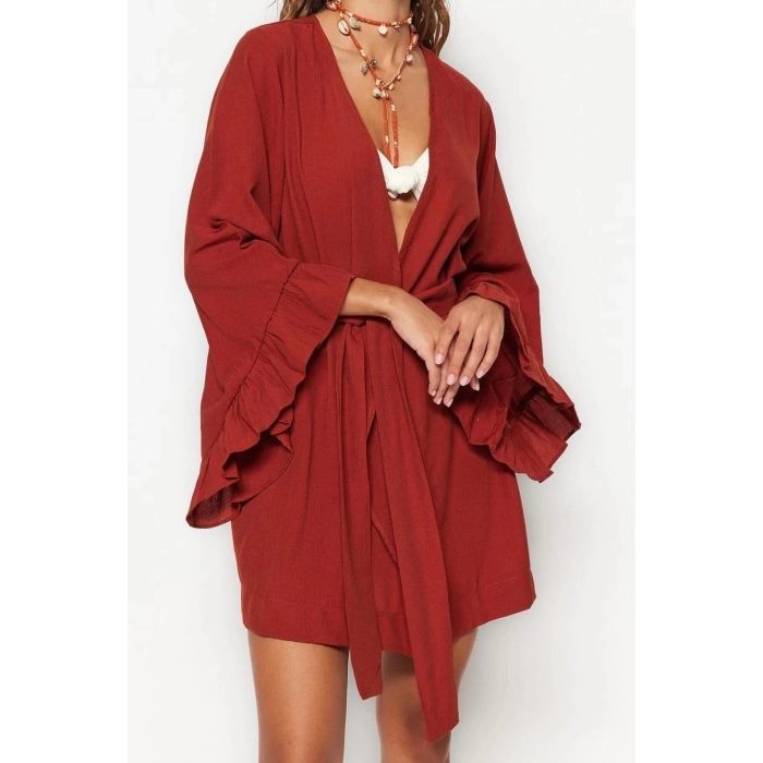 Moda Dokuma Rahat Kalıp Uzun V Yaka Standart Kol Crinkle Basic Düz Desen Kimono Kaftan