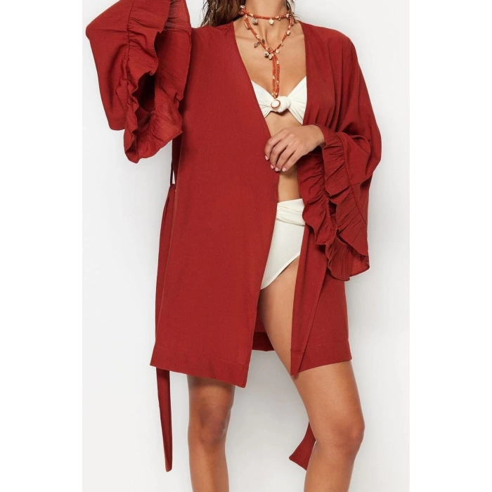 Moda Dokuma Rahat Kalıp Uzun V Yaka Standart Kol Crinkle Basic Düz Desen Kimono Kaftan