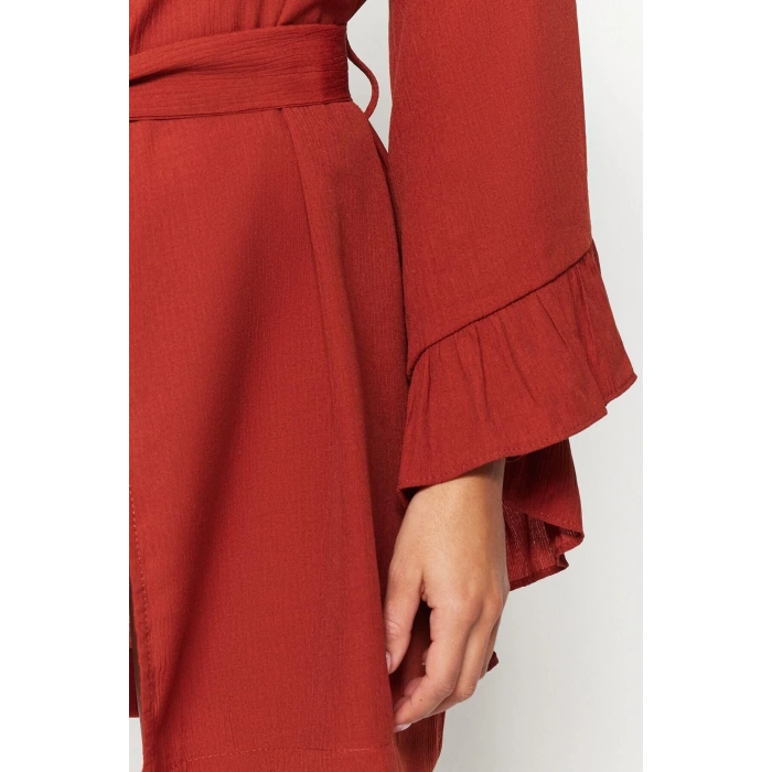 Moda Dokuma Rahat Kalıp Uzun V Yaka Standart Kol Crinkle Basic Düz Desen Kimono Kaftan