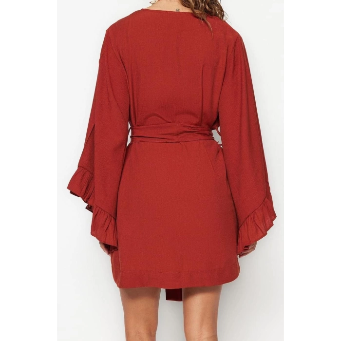 Moda Dokuma Rahat Kalıp Uzun V Yaka Standart Kol Crinkle Basic Düz Desen Kimono Kaftan