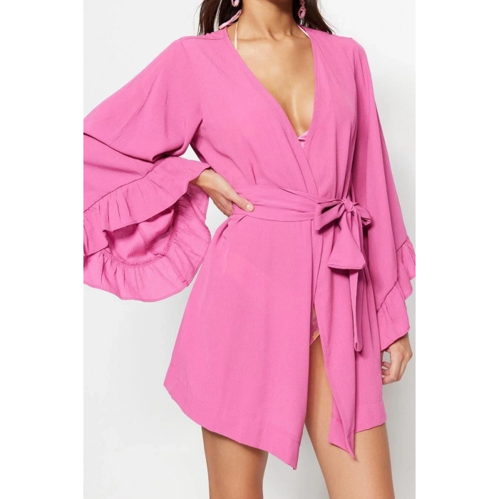 Moda Dokuma Rahat Kalıp Uzun V Yaka Standart Kol Crinkle Basic Düz Desen Kimono Kaftan
